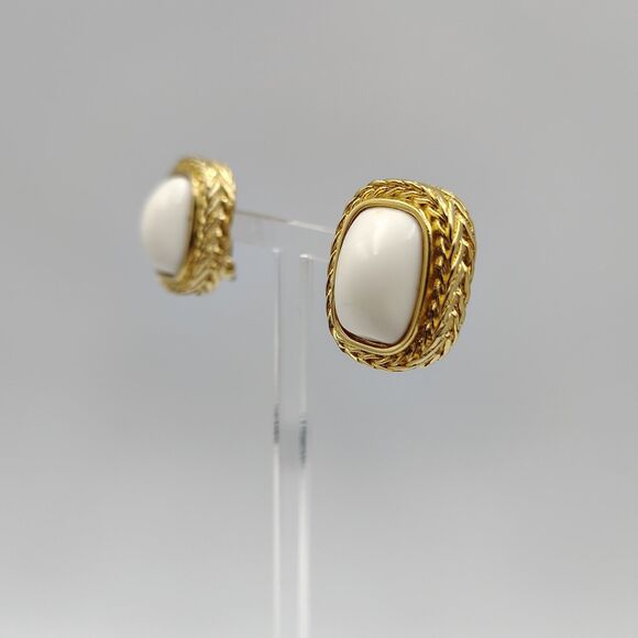 Vintage Givenchy Gold Tone White Lucite Cabochon Rectangular Clip On Earrings - Picture 7 of 16